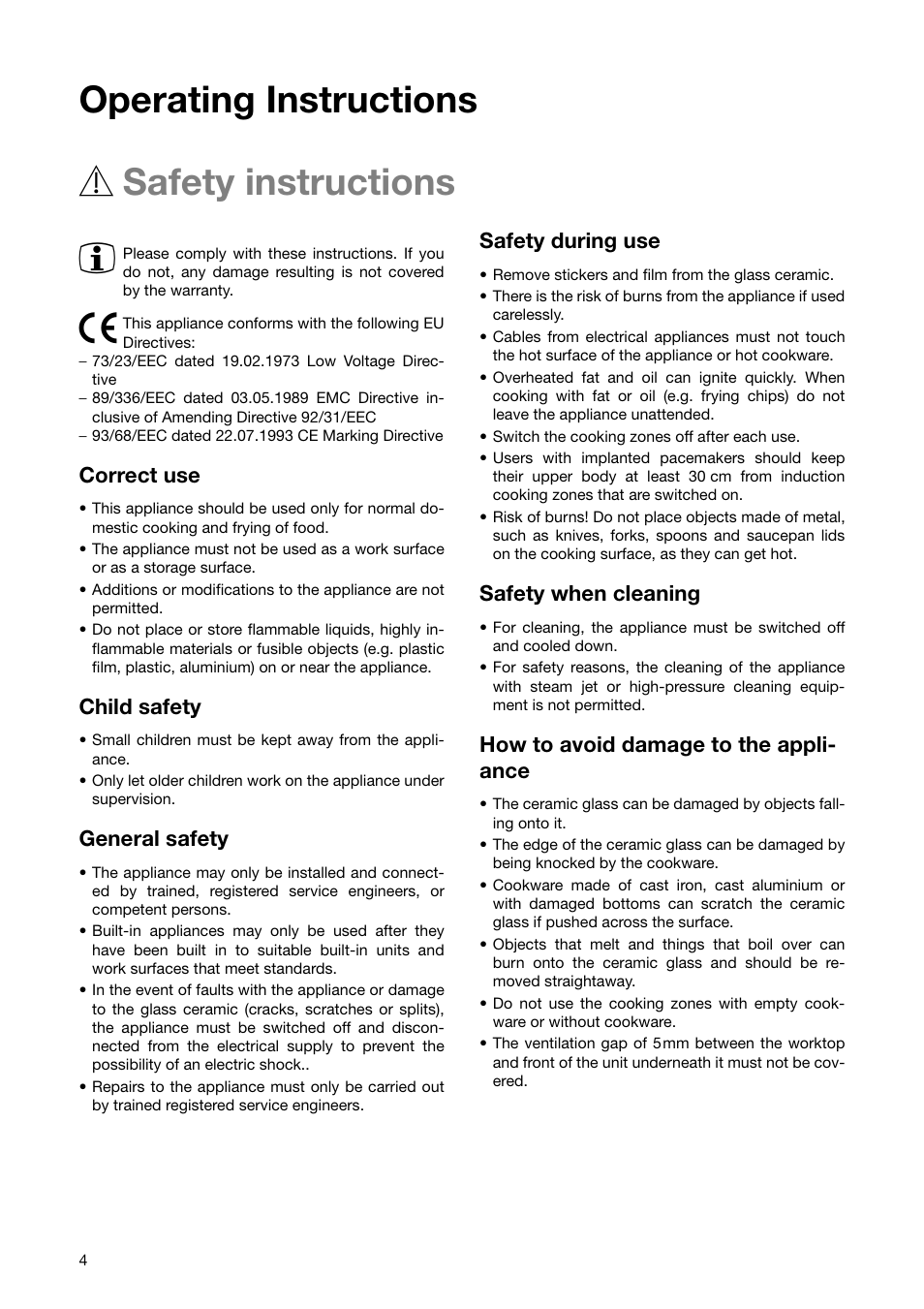 Operating instructions 1 safety instructions 3, Correct use, Child safety | General safety, Safety during use, Safety when cleaning, How to avoid damage to the appli- ance | Zanussi ZKT 651 D User Manual | Page 4 / 28