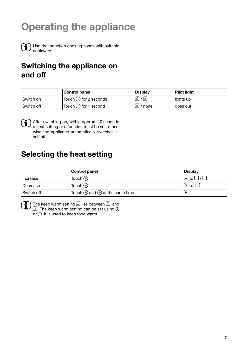 Operating the appliance 3, Switching the appliance on and off, Selecting the heat setting | Zanussi ZKT 651 D User Manual | Page 7 / 28