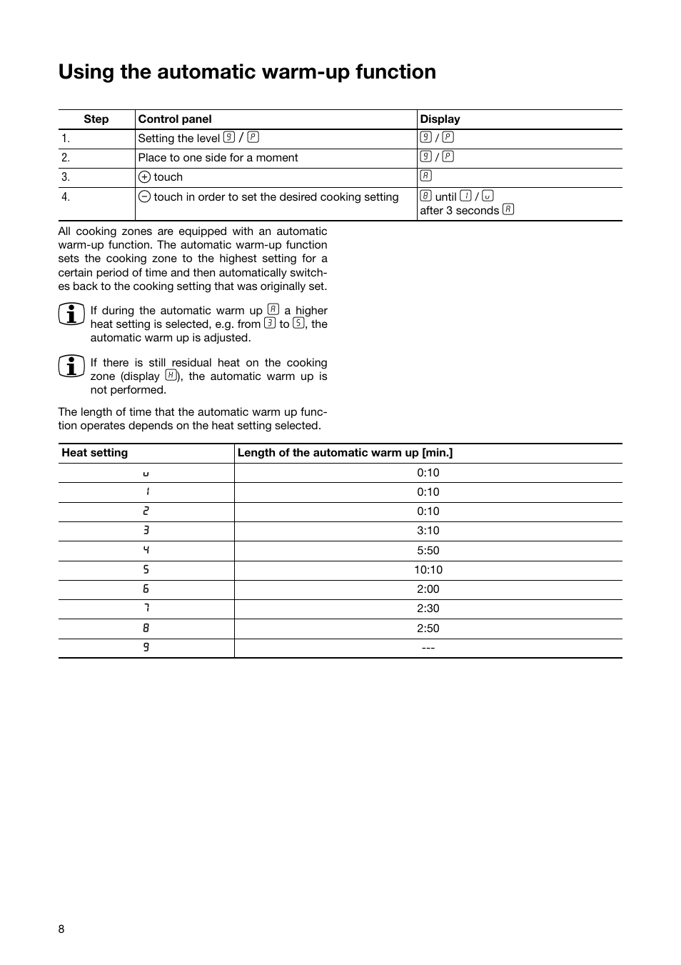 Using the automatic warm-up function | Zanussi ZKT 651 D User Manual | Page 8 / 28