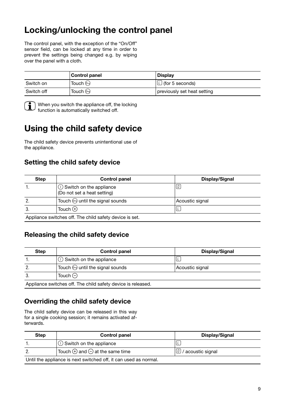 Locking/unlocking the control panel, Using the child safety device, Setting the child safety device | Releasing the child safety device, Overriding the child safety device | Zanussi ZKT 651 D User Manual | Page 9 / 28