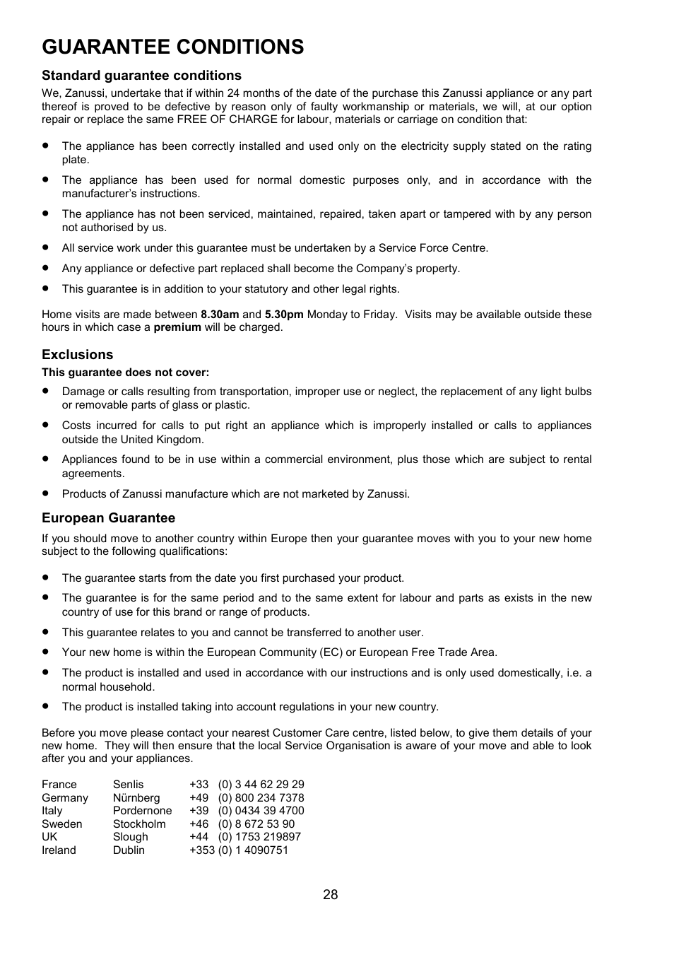 Guarantee conditions | Zanussi ZUF 270 User Manual | Page 28 / 36