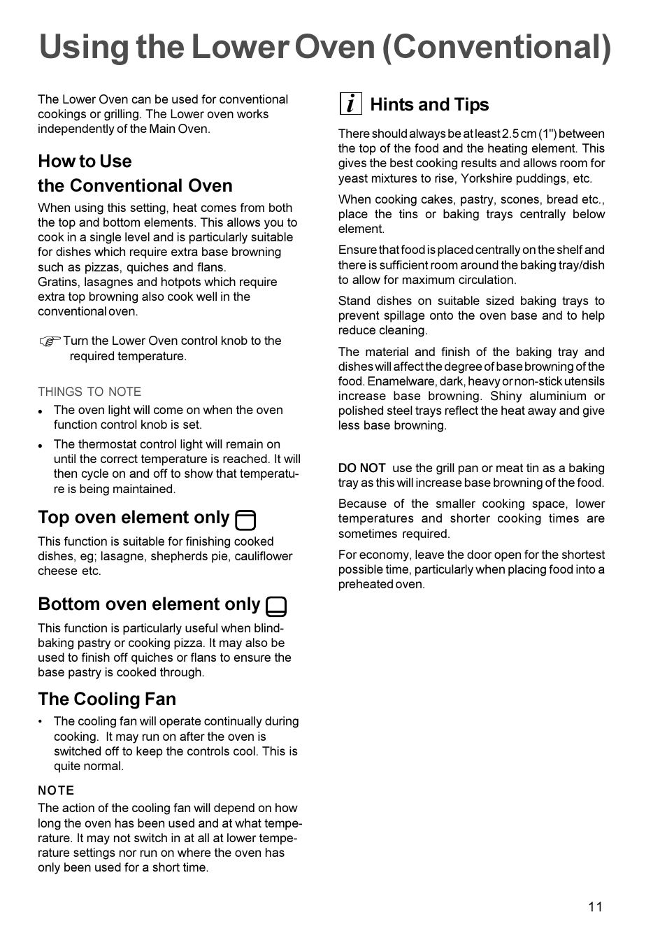 Using the lower oven (conventional), How to use the conventional oven, Top oven element only | Bottom oven element only, The cooling fan, Hints and tips | Zanussi ZDC 888 User Manual | Page 11 / 20