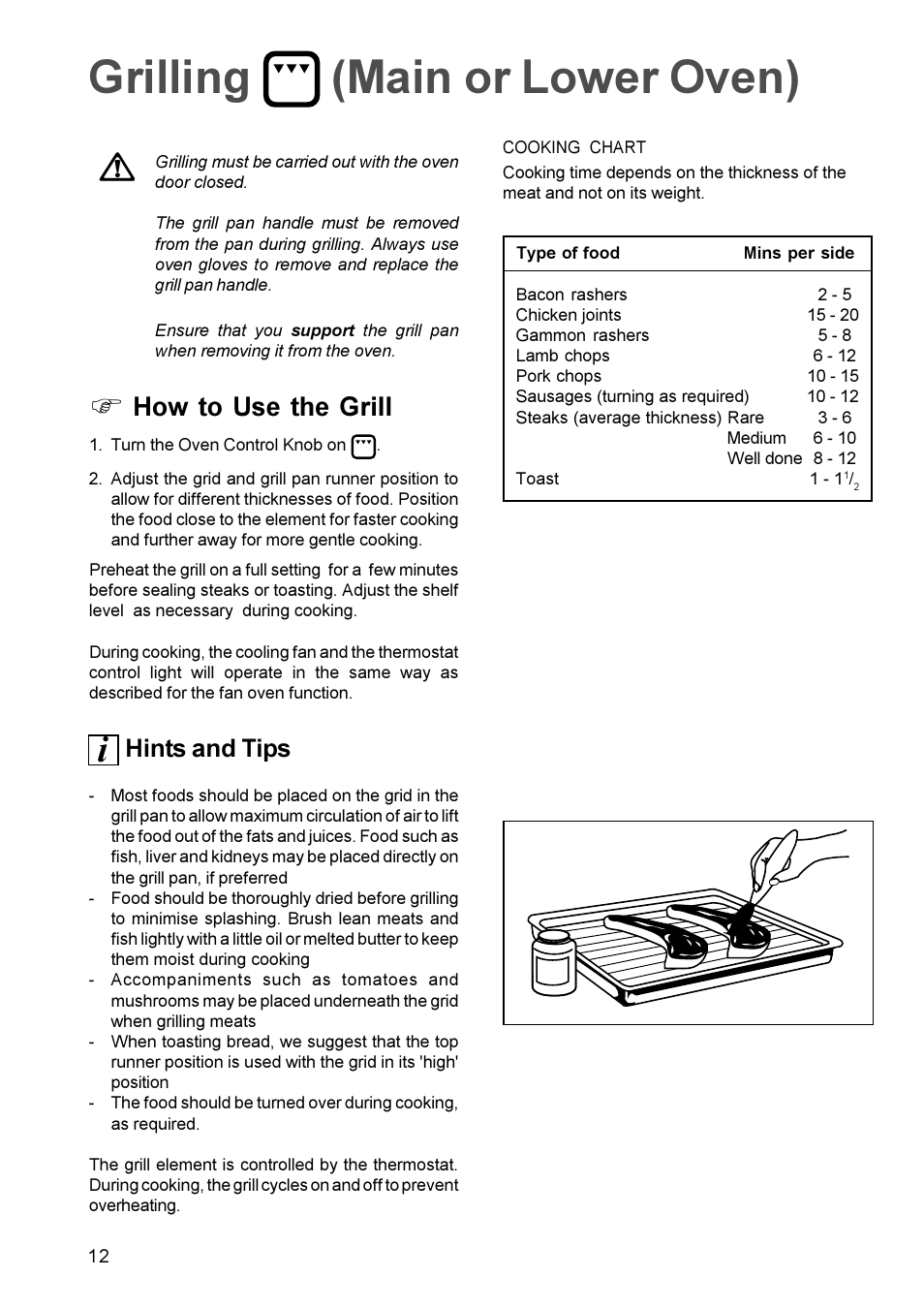 Grilling (main or lower oven), How to use the grill, Hints and tips | Zanussi ZDC 888 User Manual | Page 12 / 20