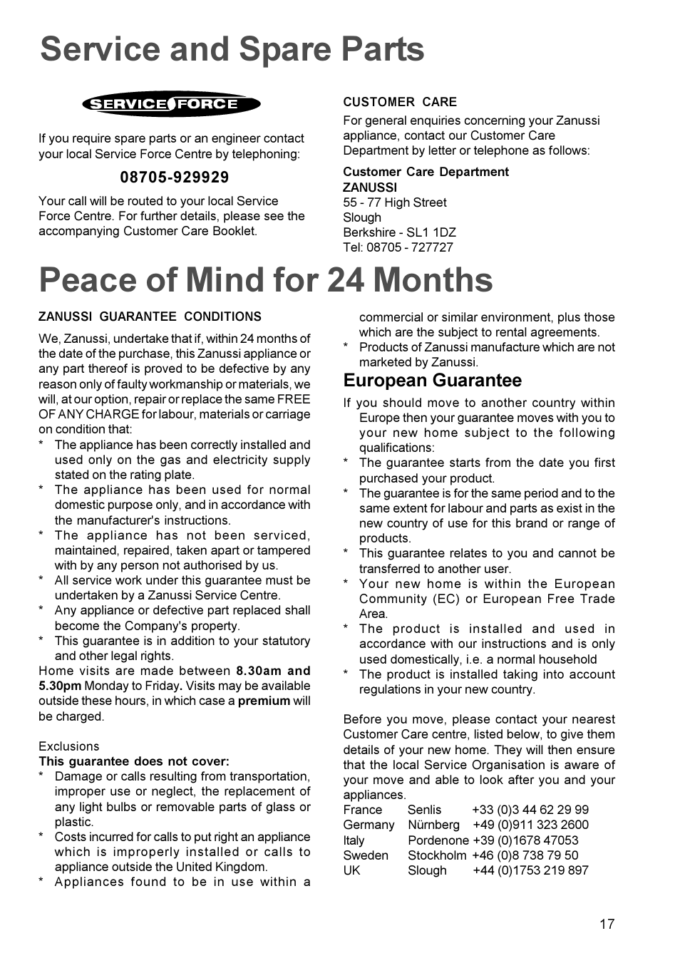 Service and spare parts, Peace of mind for 24 months, European guarantee | Zanussi ZDC 888 User Manual | Page 17 / 20