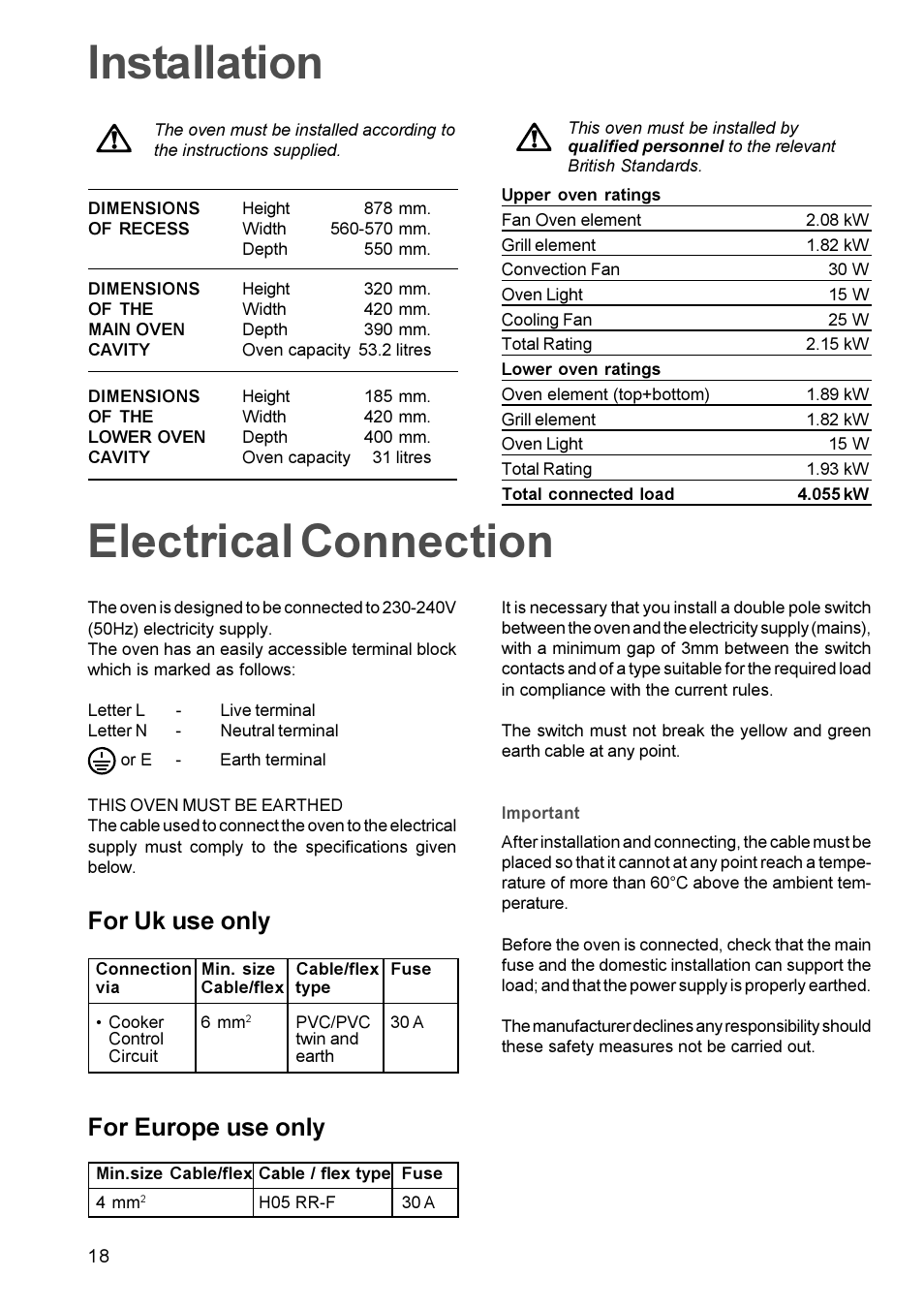 Electrical connection, Installation, For uk use only for europe use only | Zanussi ZDC 888 User Manual | Page 18 / 20