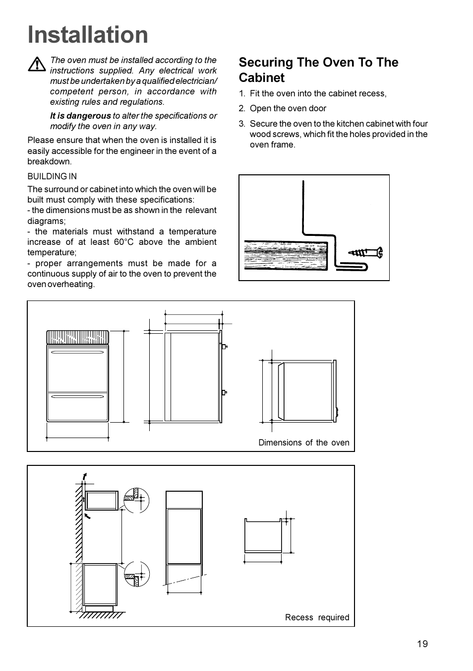 Installation, Securing the oven to the cabinet | Zanussi ZDC 888 User Manual | Page 19 / 20