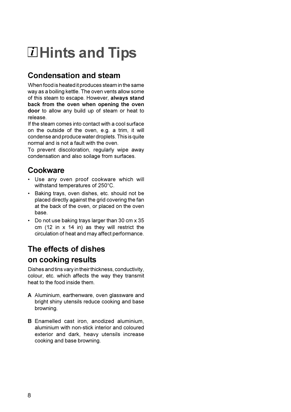 Hints and tips, Condensation and steam, Cookware | The effects of dishes on cooking results | Zanussi ZDC 888 User Manual | Page 8 / 20