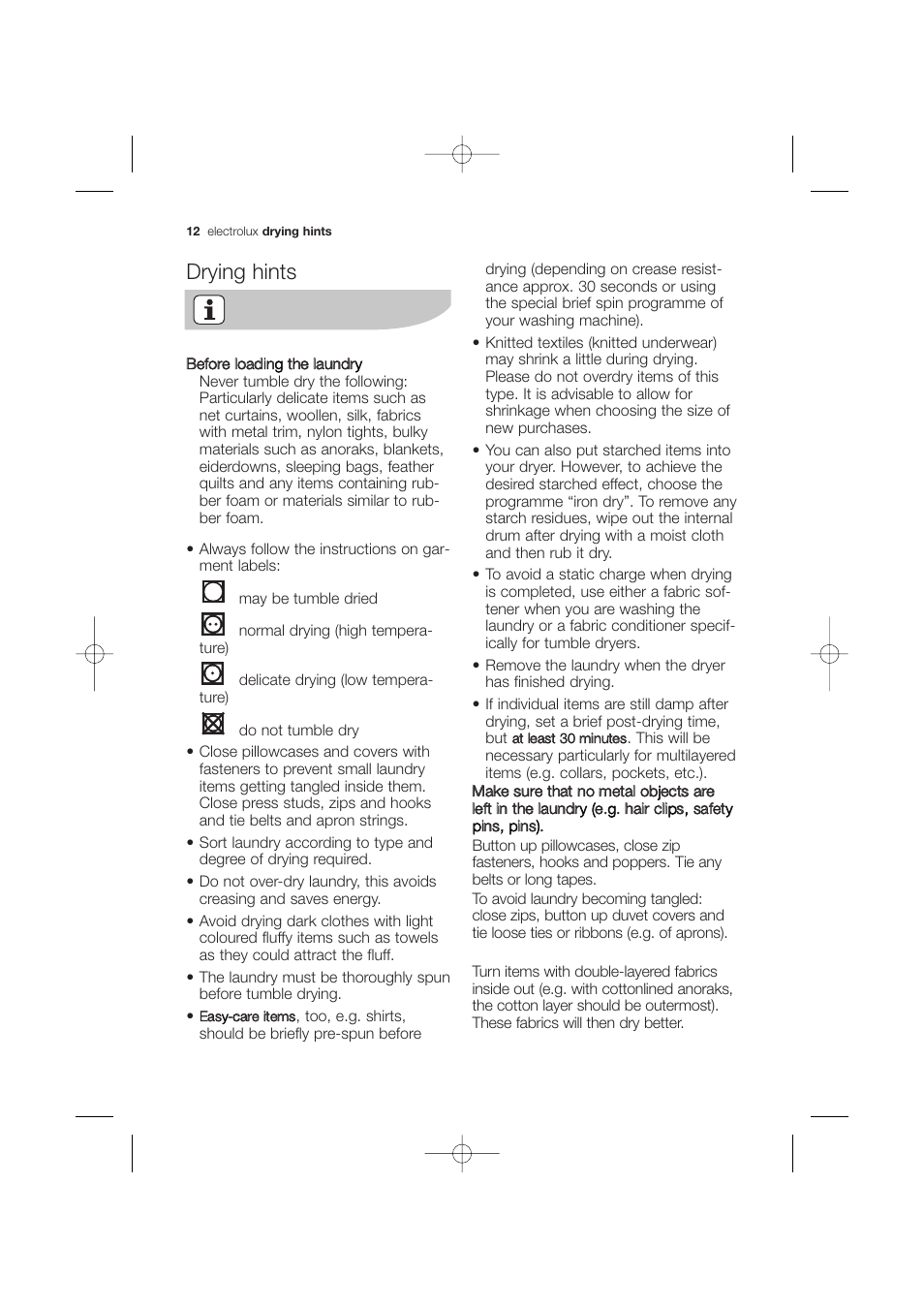 Before loading the laundry, Drying hints | Zanussi ZDC 67550W User Manual | Page 12 / 31