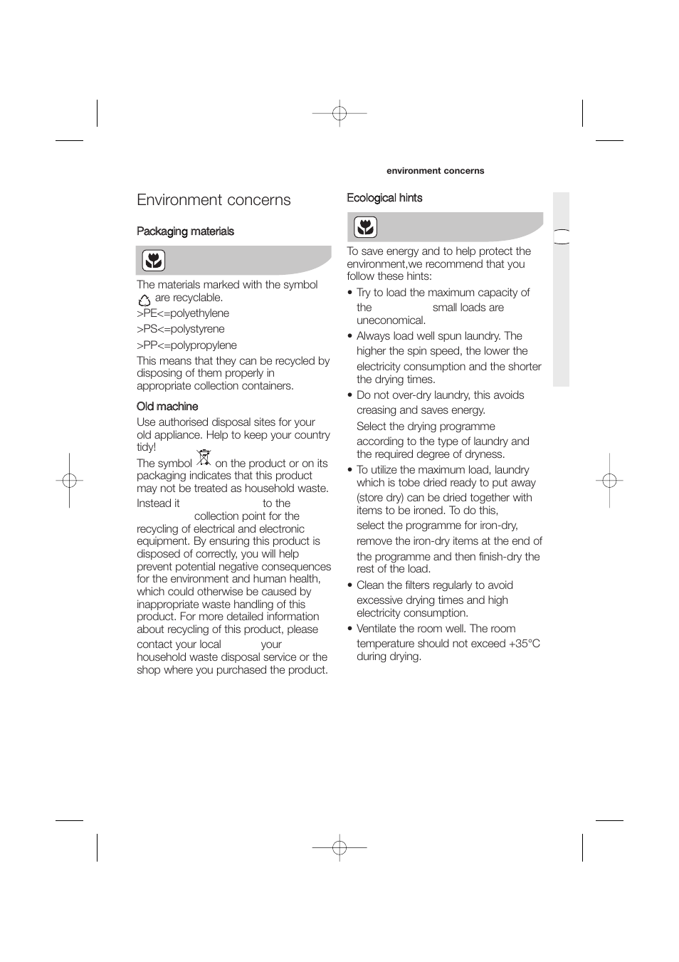 Packaging materials, Old machine, Ecological hints | Environment concerns | Zanussi ZDC 67550W User Manual | Page 27 / 31