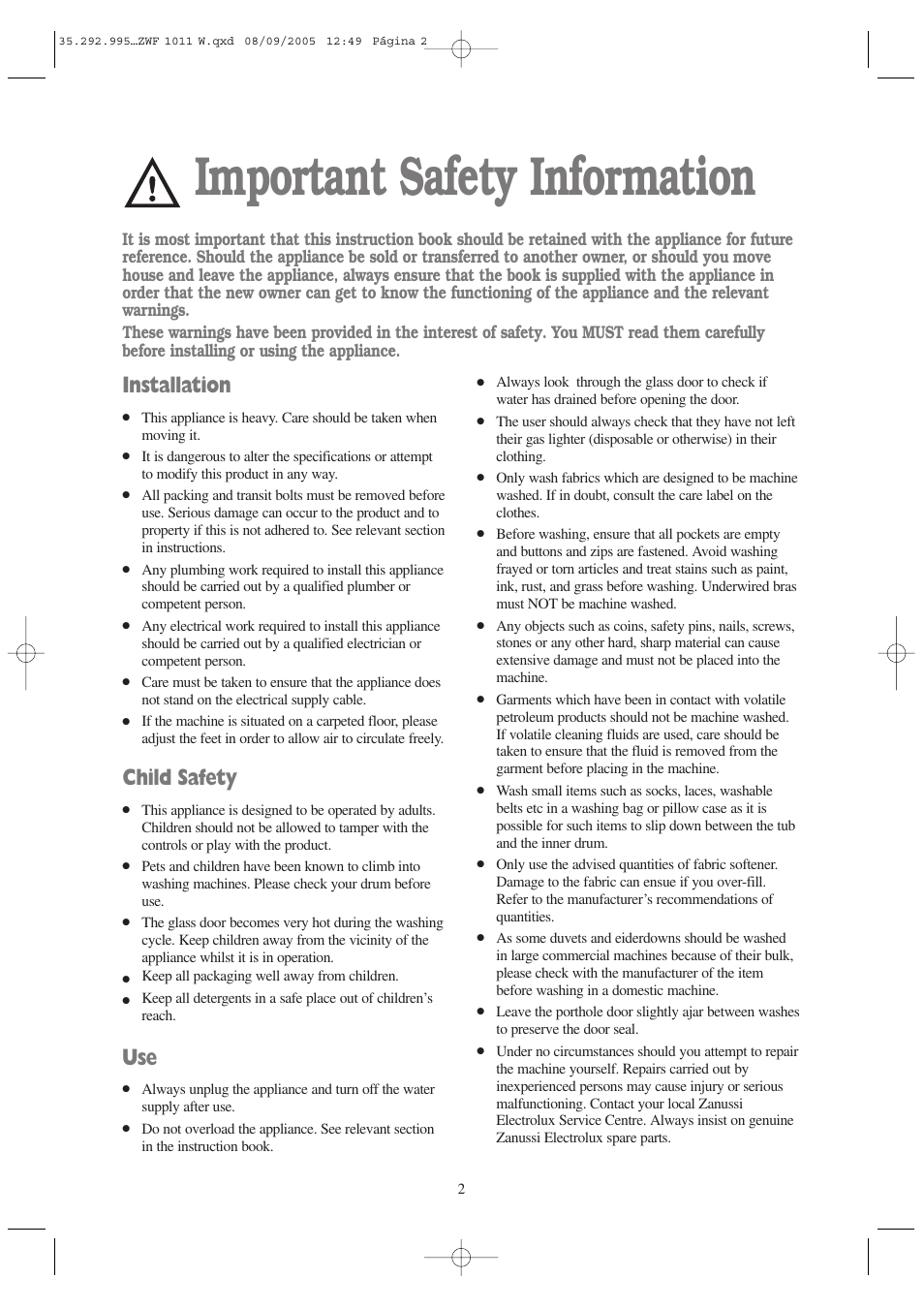 Important safety information, Installation, Child safety | Zanussi ZWF 1011 W User Manual | Page 2 / 28