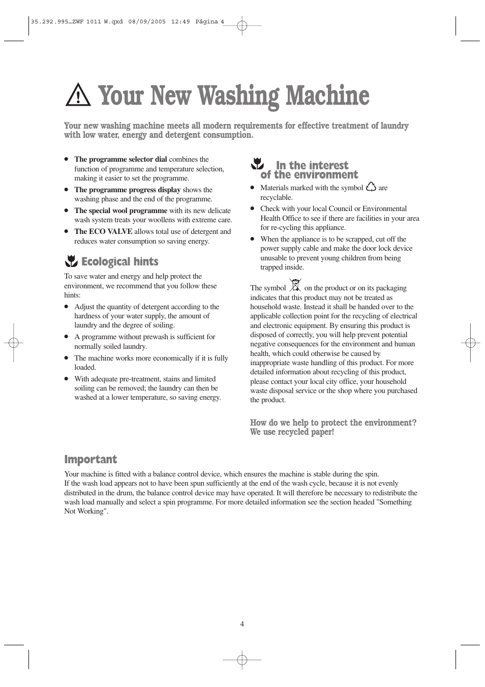 Your new washing machine, Ecological hints, Important | Zanussi ZWF 1011 W User Manual | Page 4 / 28
