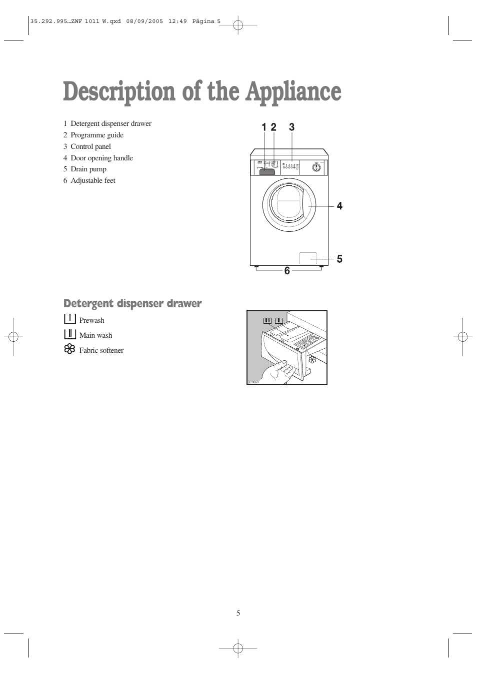 Description of the appliance, Detergent dispenser drawer | Zanussi ZWF 1011 W User Manual | Page 5 / 28