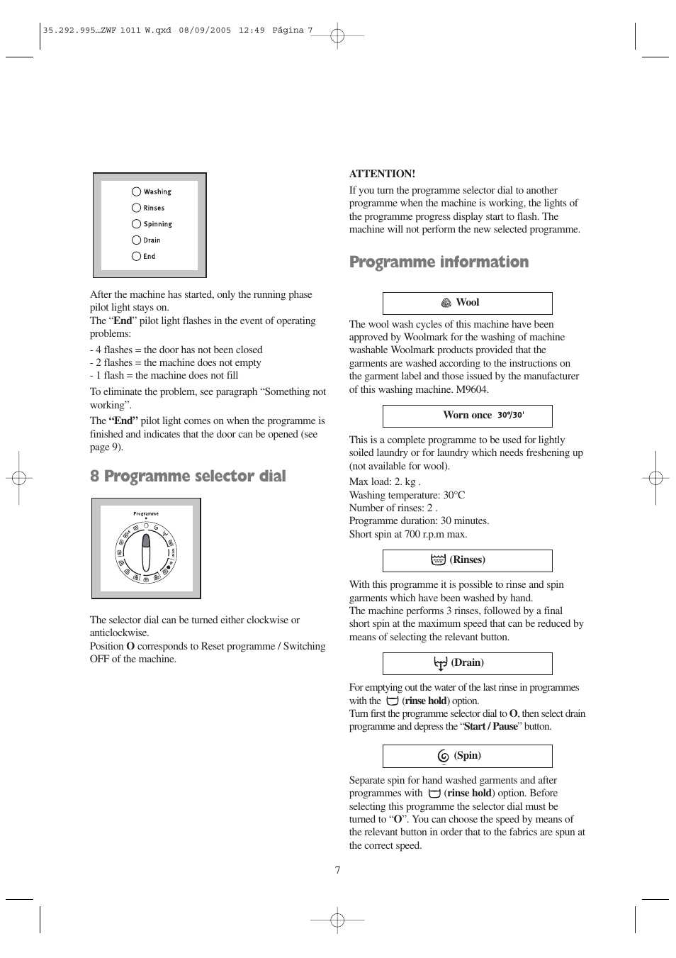 8 programme selector dial, Programme information | Zanussi ZWF 1011 W User Manual | Page 7 / 28