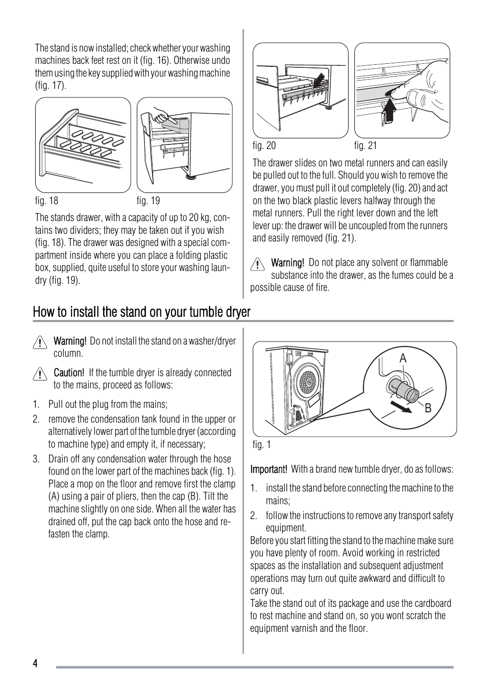 How to install the stand on your tumble dryer | Zanussi Washer/Dryer User Manual | Page 4 / 8