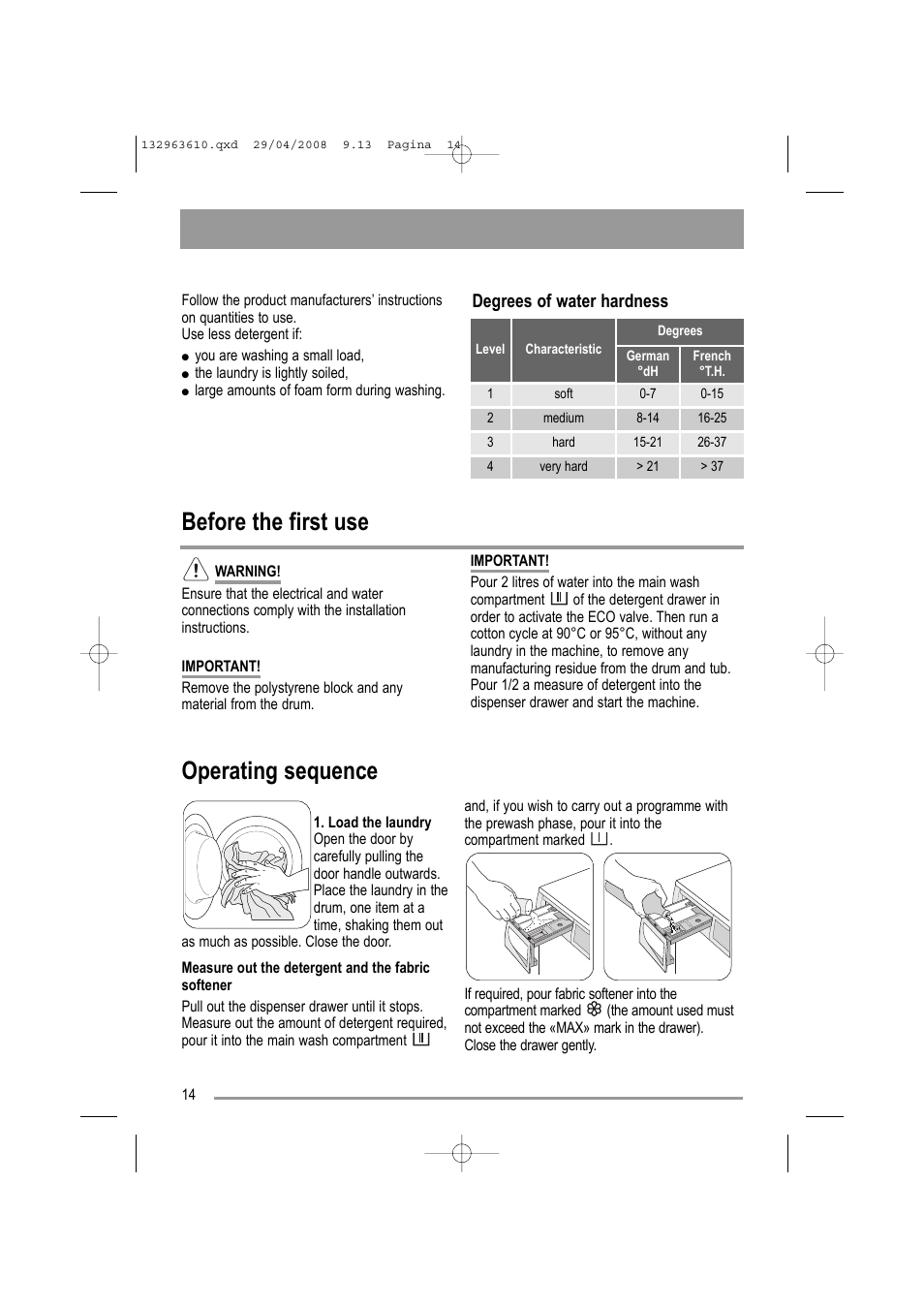 Operating sequence, Before the first use, Degrees of water hardness | Zanussi ZWF 14080 W User Manual | Page 14 / 28