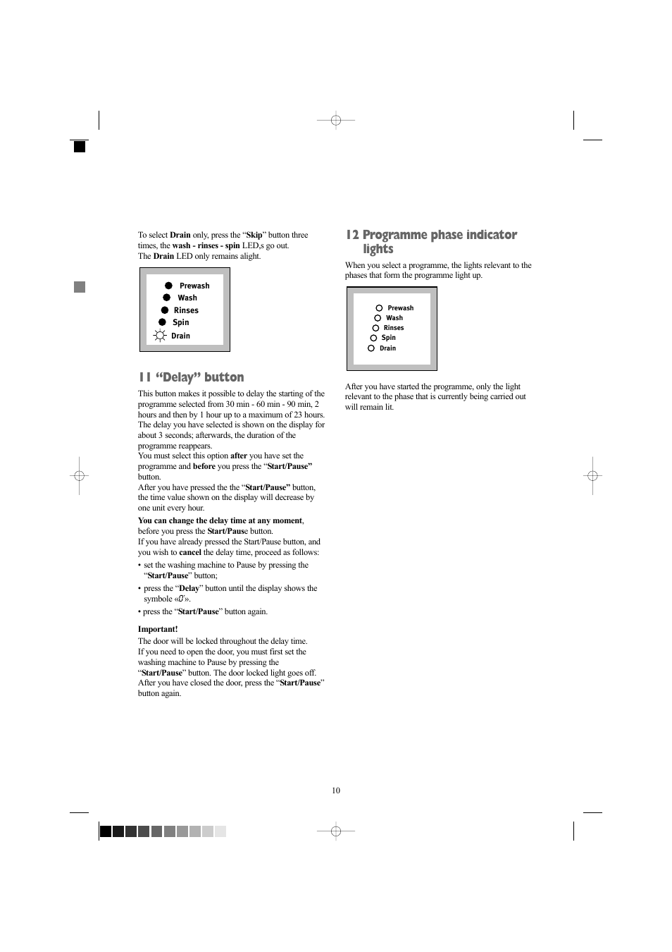 11 “delay” button, 12 programme phase indicator lights | Zanussi ZWF 1237 W User Manual | Page 10 / 28