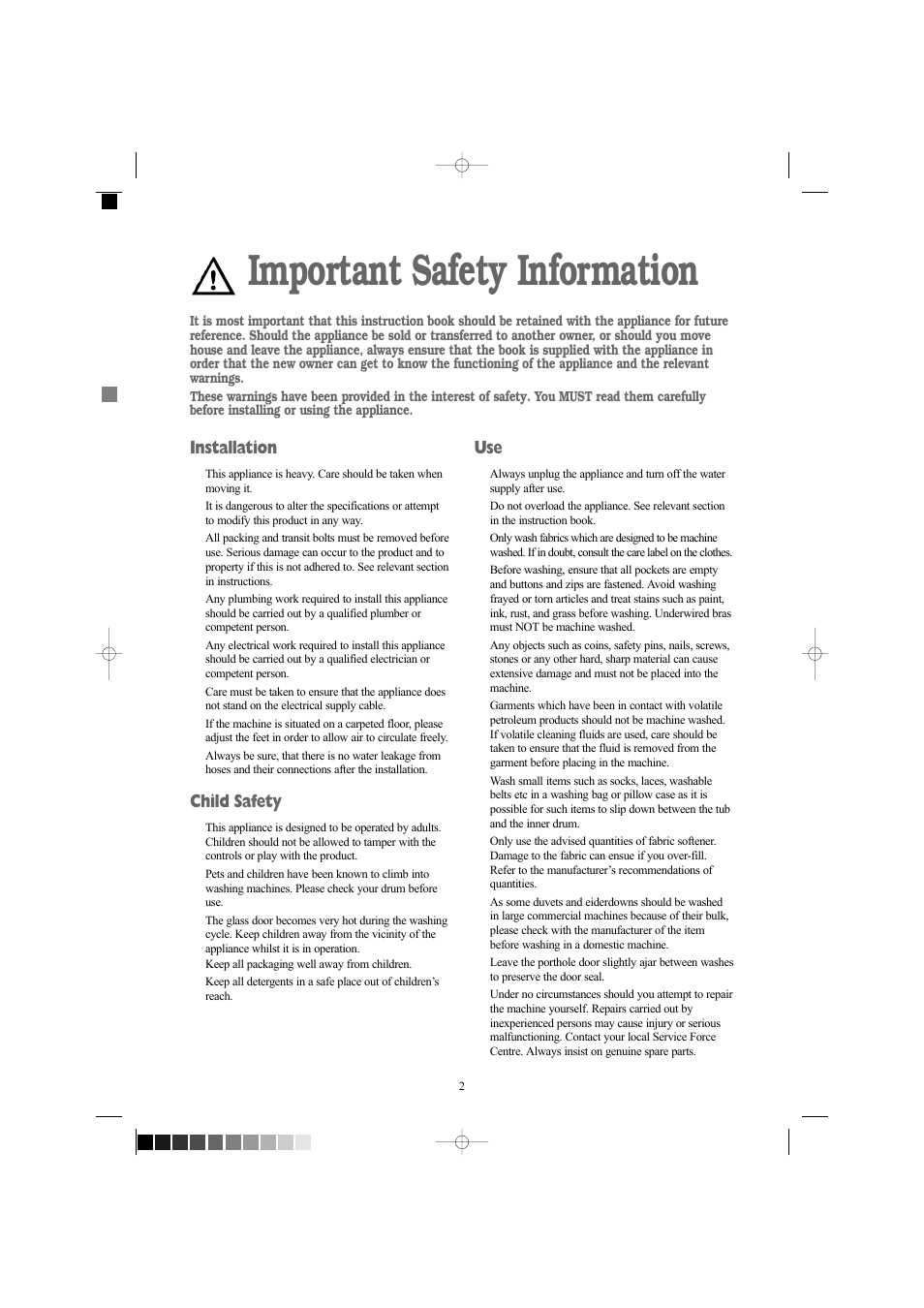 Important safety information, Installation, Child safety | Zanussi ZWF 1237 W User Manual | Page 2 / 28