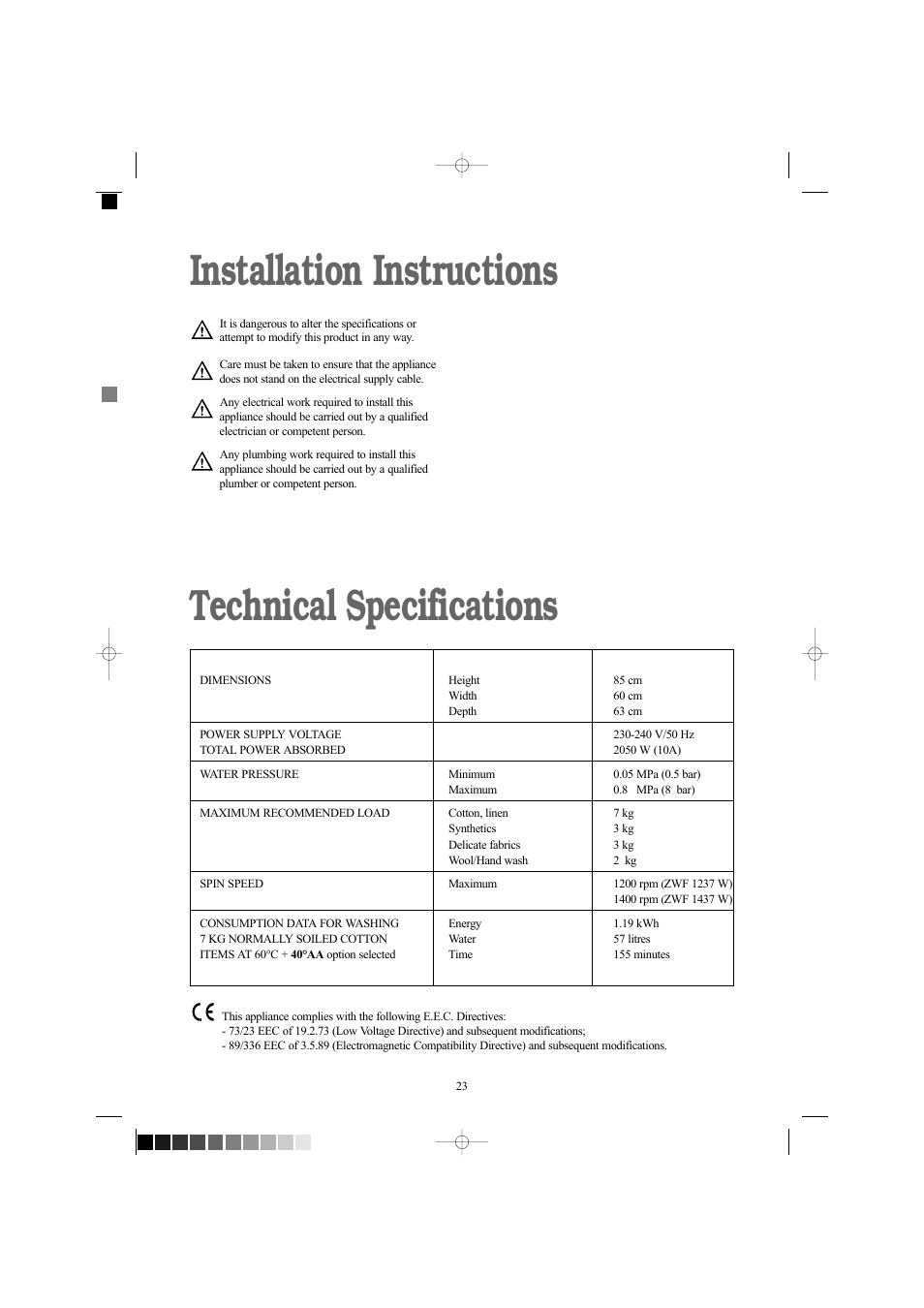 Installation instructions technical specifications | Zanussi ZWF 1237 W User Manual | Page 23 / 28