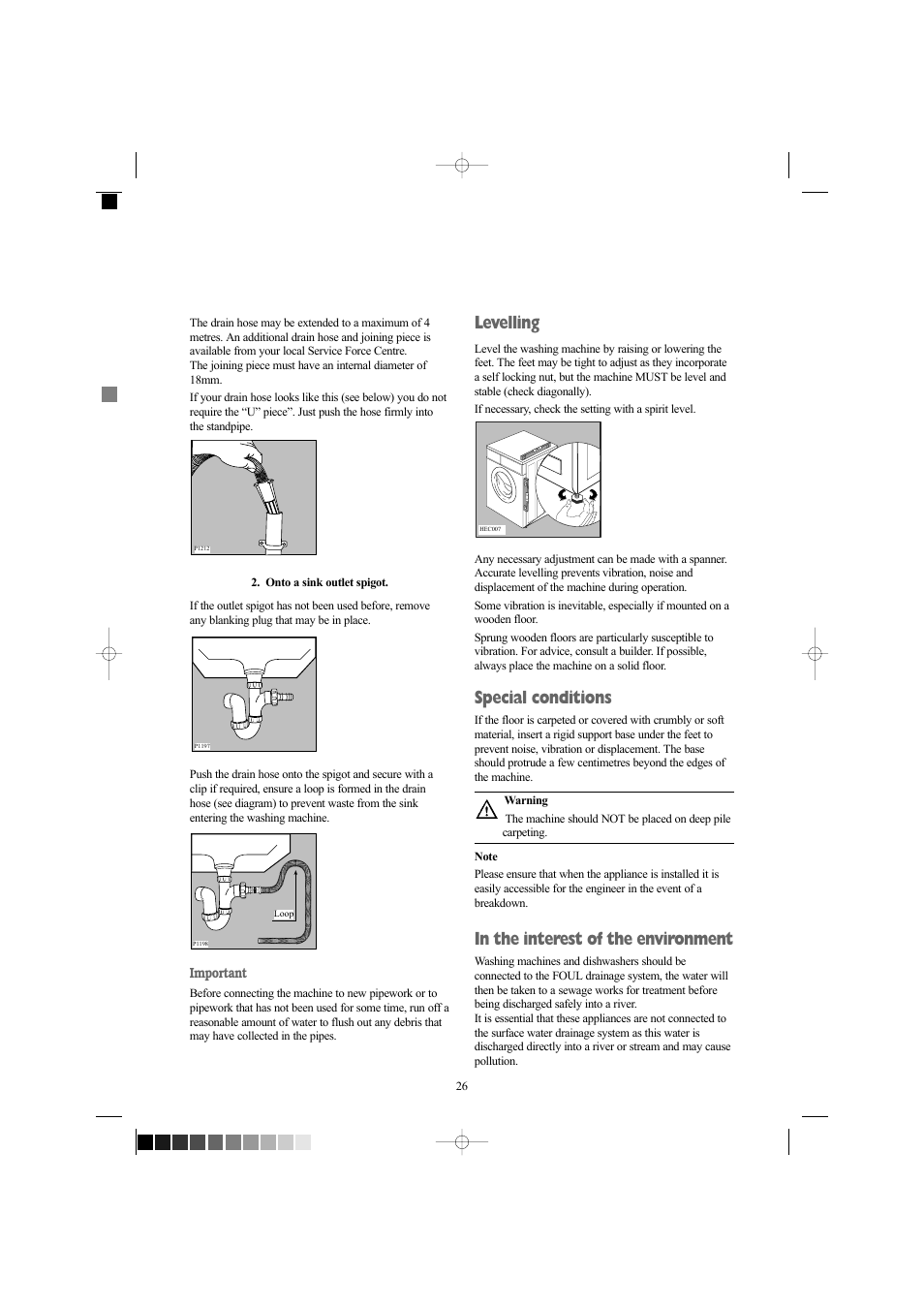Levelling, Special conditions | Zanussi ZWF 1237 W User Manual | Page 26 / 28