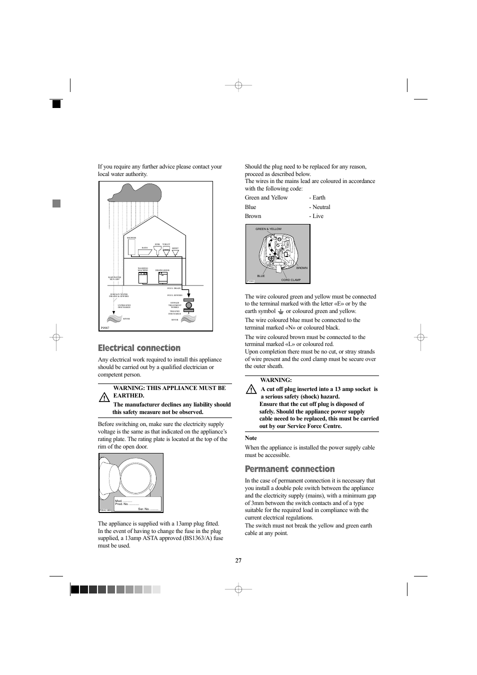 Electrical connection, Permanent connection, Mod . .......... pro d. no . ........... ser . n o | Zanussi ZWF 1237 W User Manual | Page 27 / 28