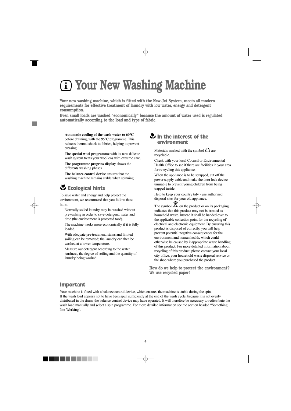 Your new washing machine, Ecological hints, Important | Zanussi ZWF 1237 W User Manual | Page 4 / 28