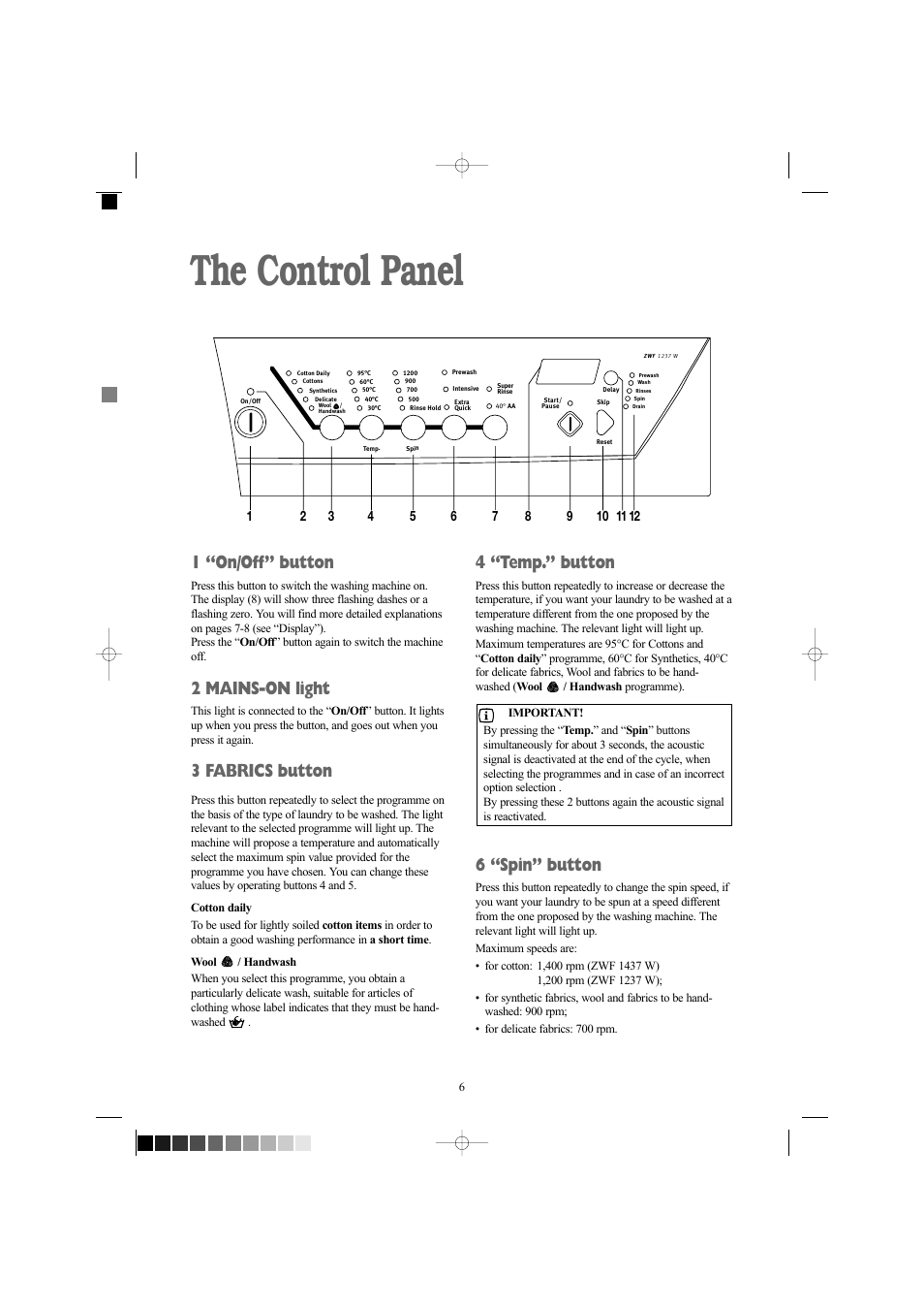 The control panel, 1 “on/off” button, 2 mains-on light | 3 fabrics button, 4 “temp.” button, 6 “spin” button | Zanussi ZWF 1237 W User Manual | Page 6 / 28