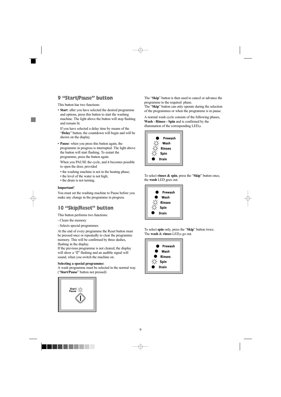 9 “start/pause” button, 10 “skip/reset” button | Zanussi ZWF 1237 W User Manual | Page 9 / 28