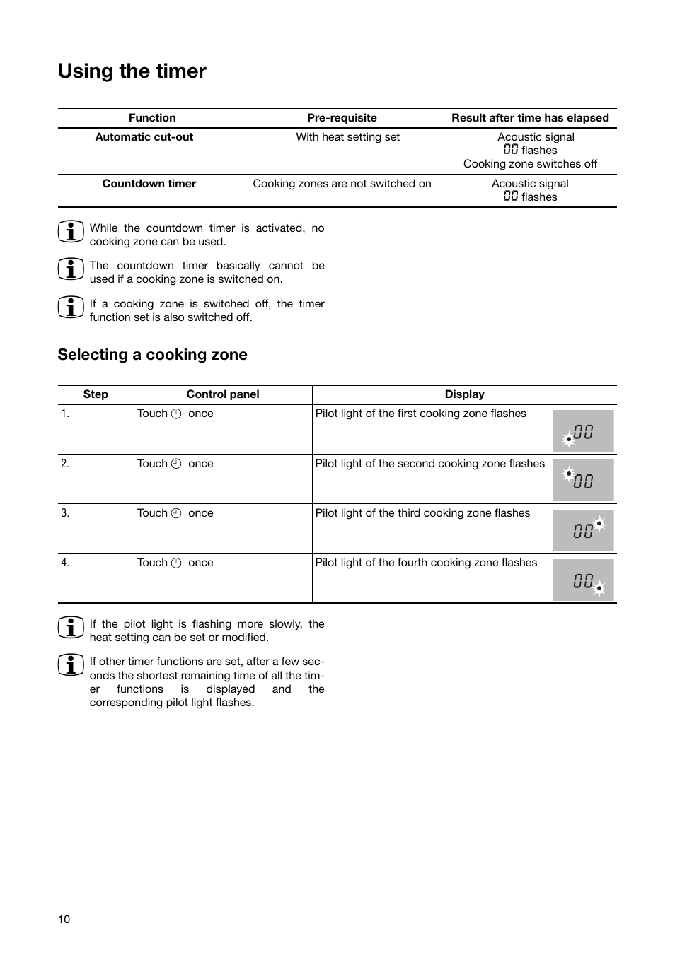 Using the timer, Selecting a cooking zone | Zanussi ZKT 641 H User Manual | Page 10 / 28