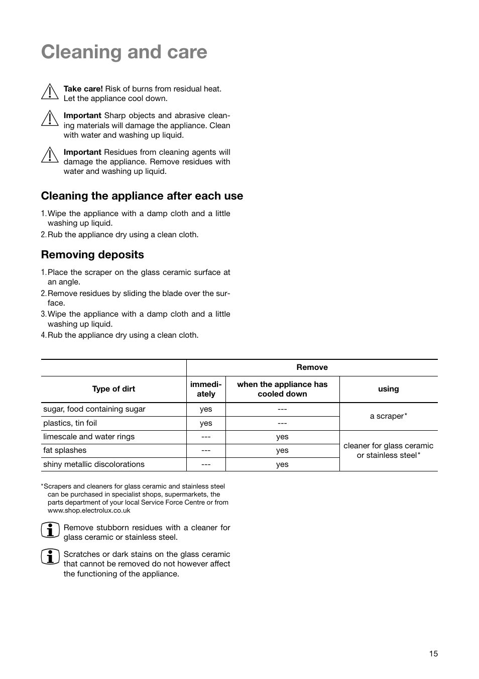 Cleaning and care 1, Cleaning the appliance after each use, Removing deposits | Zanussi ZKT 641 H User Manual | Page 15 / 28
