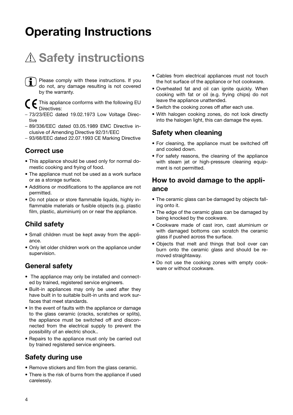 Operating instructions 1 safety instructions 3, Correct use, Child safety | General safety, Safety during use, Safety when cleaning, How to avoid damage to the appli- ance | Zanussi ZKT 641 H User Manual | Page 4 / 28