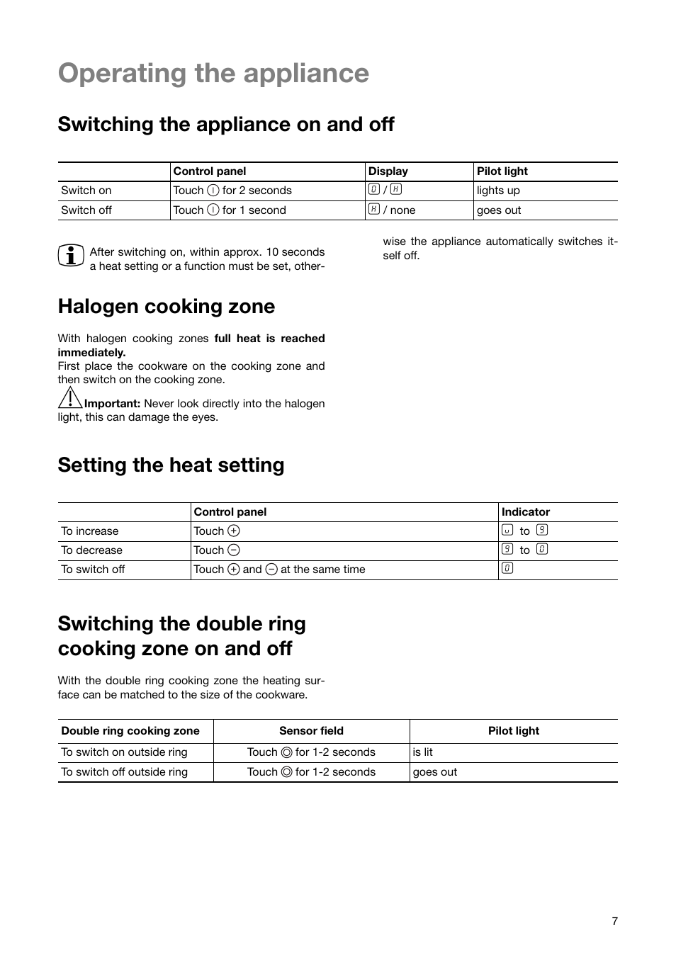 Operating the appliance, Switching the appliance on and off, Halogen cooking zone | Setting the heat setting, Switching the double ring cooking zone on and off | Zanussi ZKT 641 H User Manual | Page 7 / 28