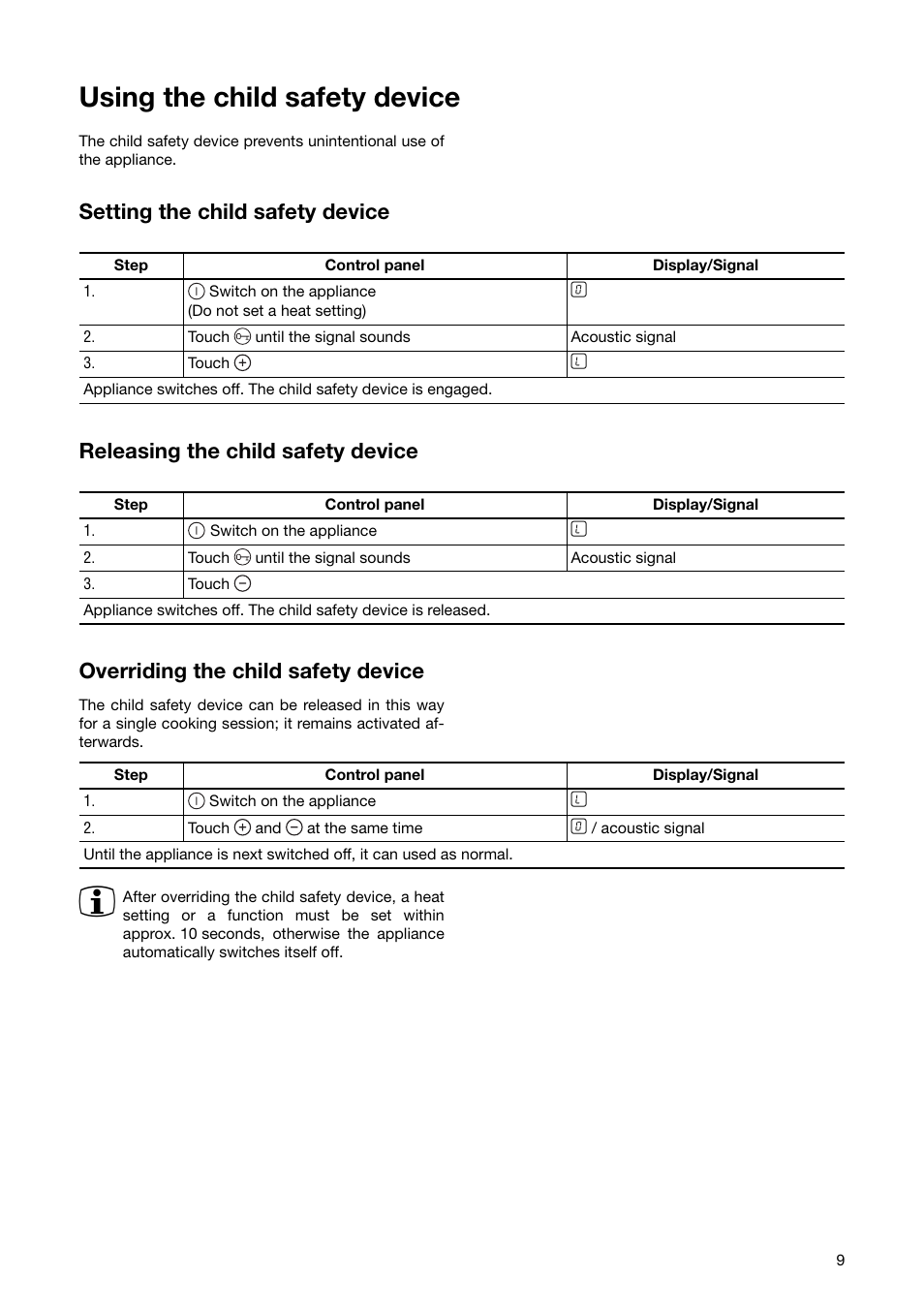 Using the child safety device, Setting the child safety device, Releasing the child safety device | Overriding the child safety device | Zanussi ZKT 641 H User Manual | Page 9 / 28