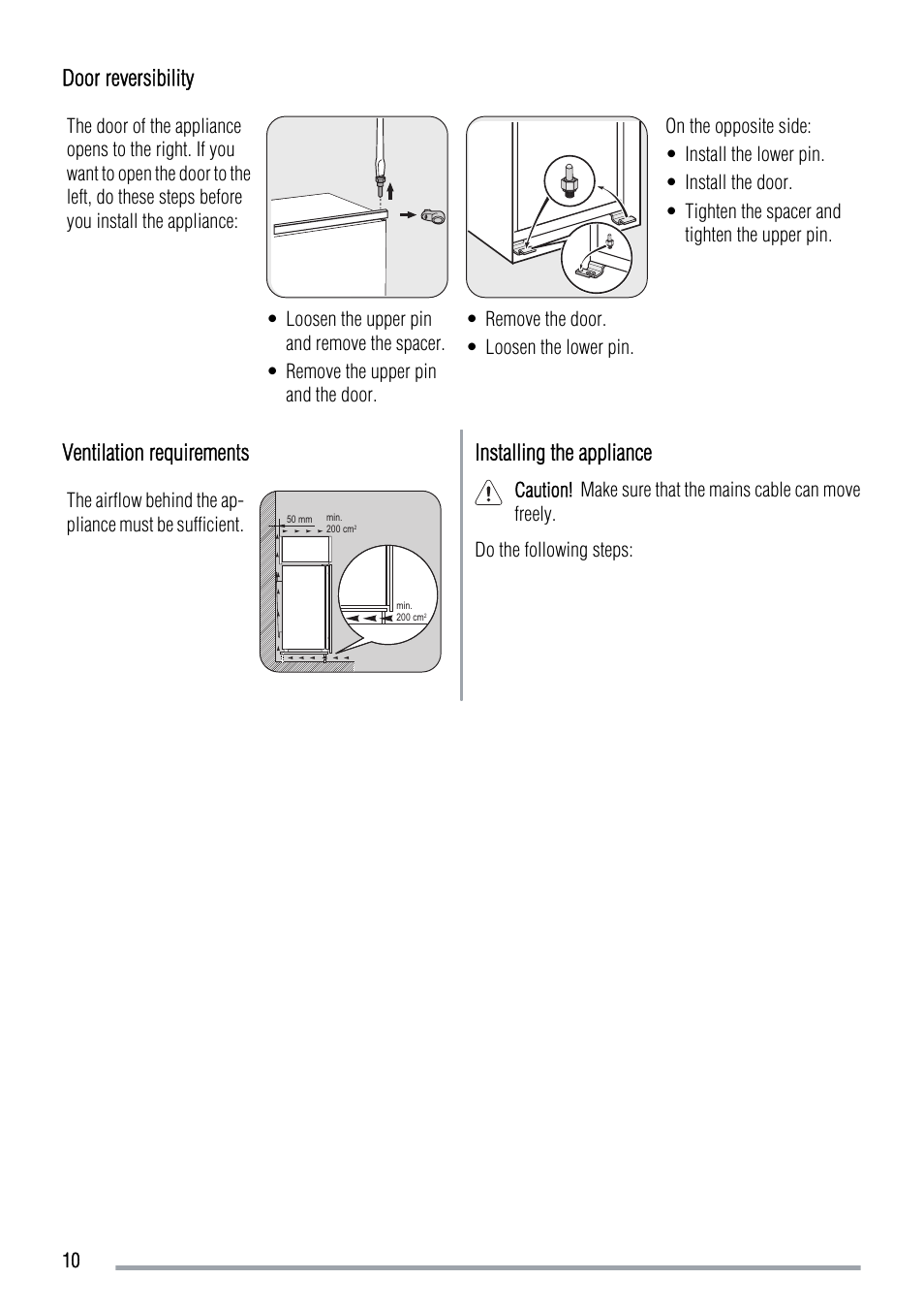 Door reversibility, Ventilation requirements, Installing the appliance | Zanussi ZBF6124A User Manual | Page 10 / 16