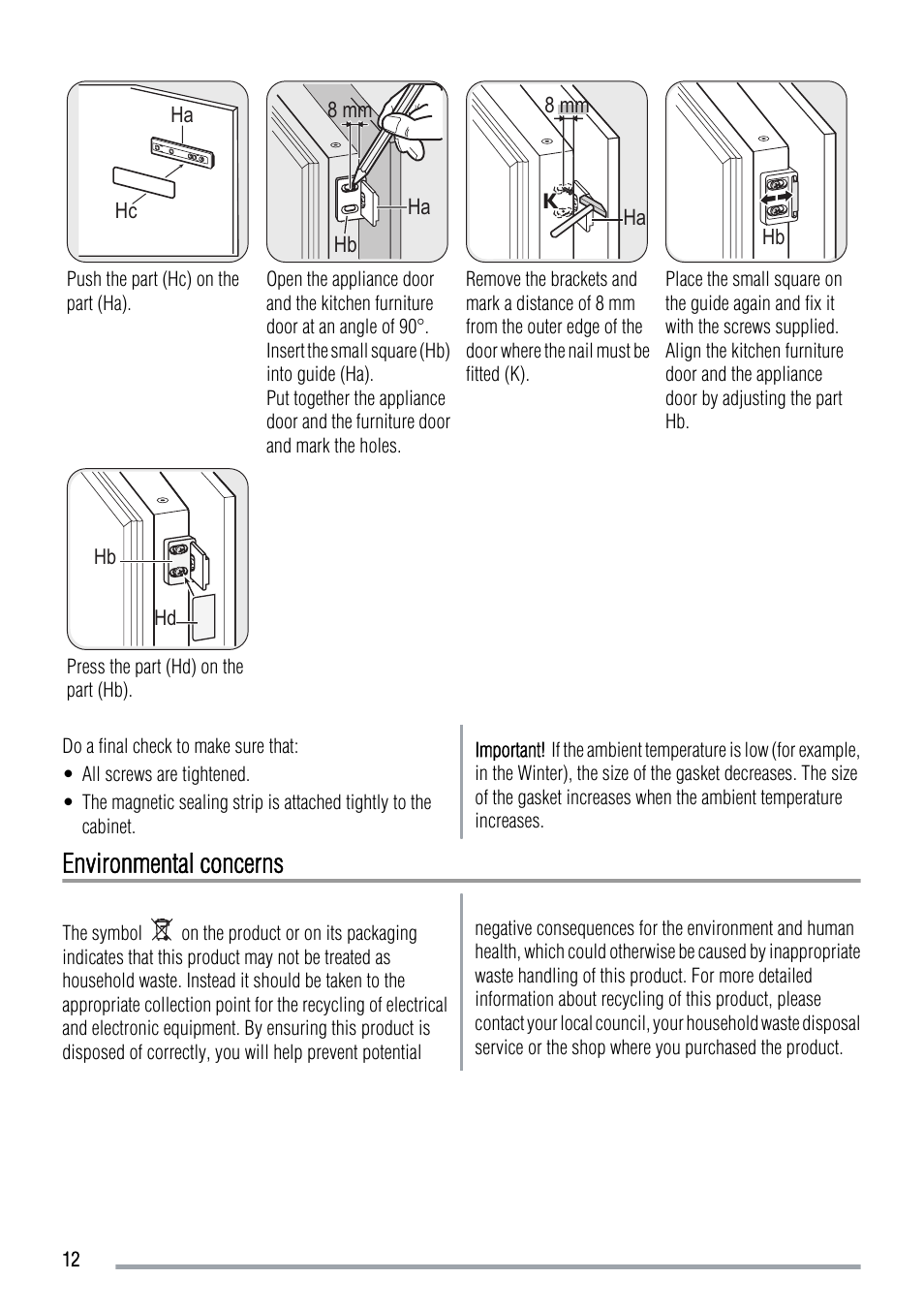 Environmental concerns | Zanussi ZBF6124A User Manual | Page 12 / 16