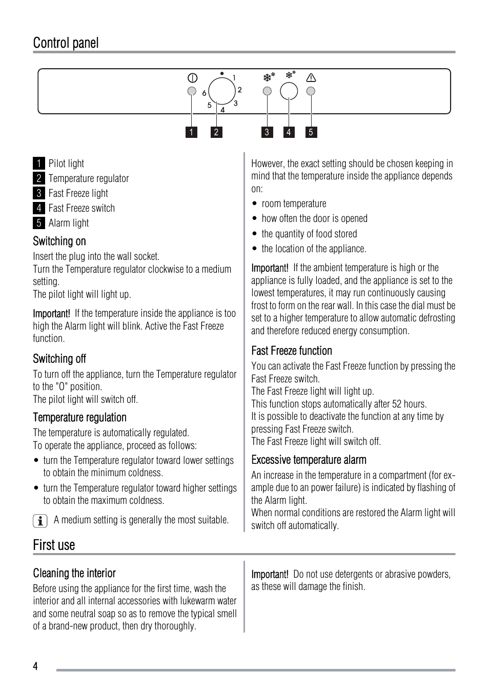 Control panel, First use | Zanussi ZBF6124A User Manual | Page 4 / 16