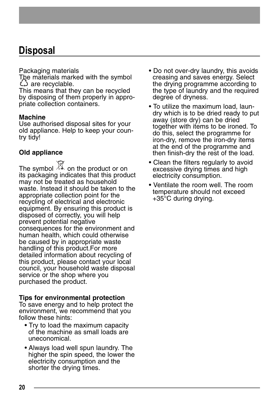 Disposal | Zanussi ZDC37100W User Manual | Page 20 / 28