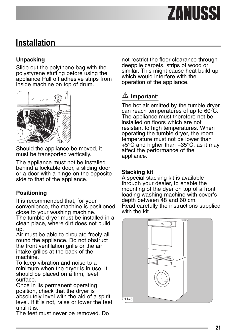 Installation | Zanussi ZDC37100W User Manual | Page 21 / 28