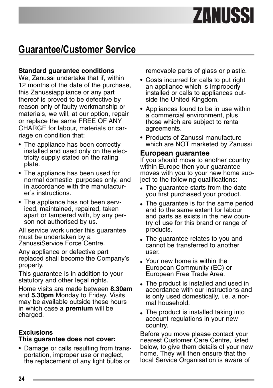 Guarantee/customer service | Zanussi ZDC37100W User Manual | Page 24 / 28