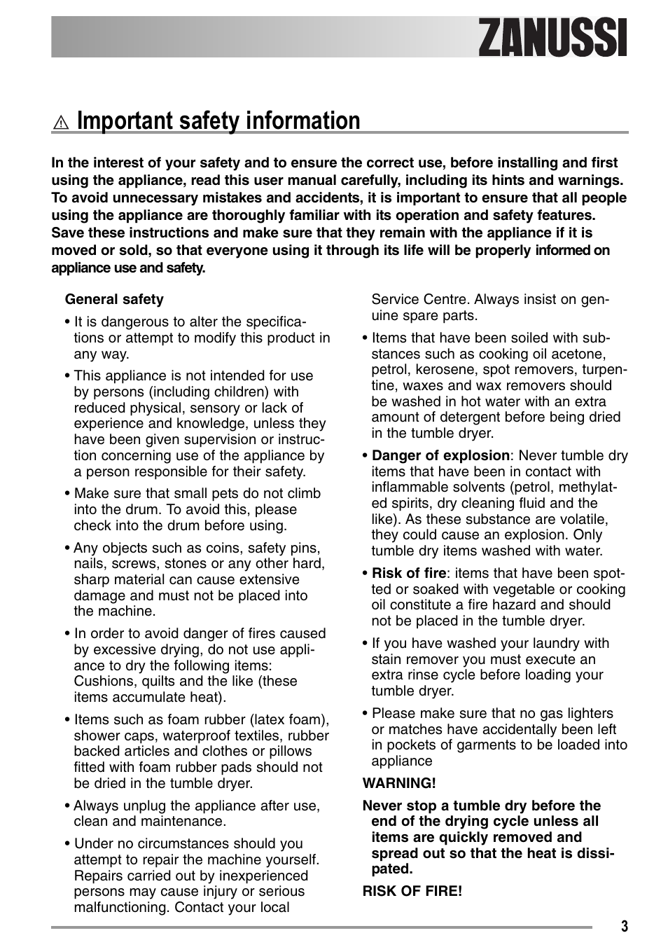 Important safety information | Zanussi ZDC37100W User Manual | Page 3 / 28