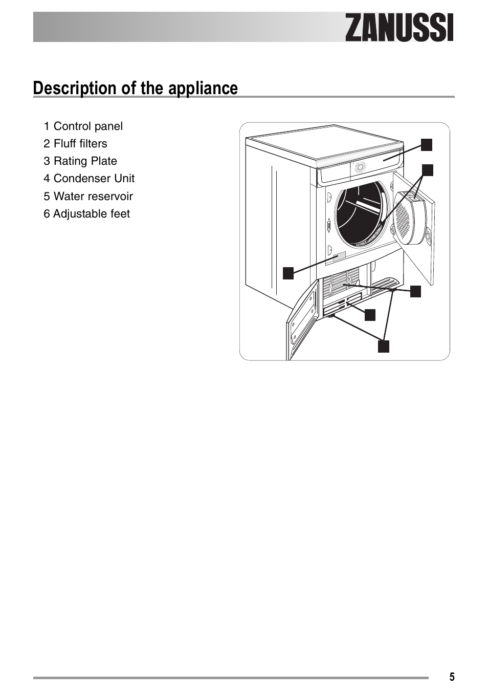 Description of the appliance | Zanussi ZDC37100W User Manual | Page 5 / 28