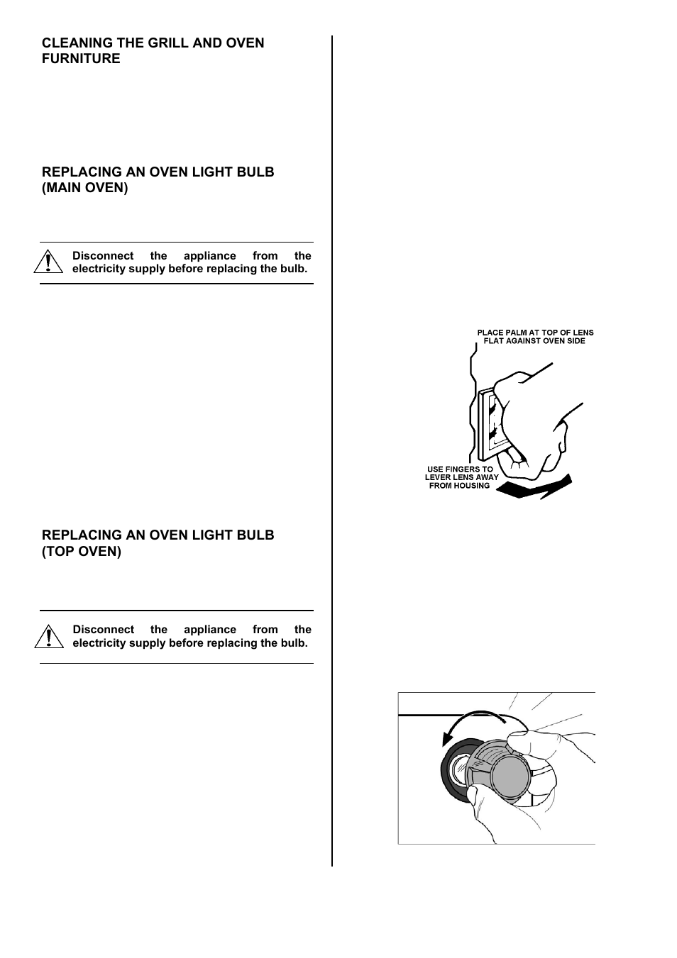 24 cleaning the grill and oven furniture, Replacing an oven light bulb (main oven), Replacing an oven light bulb (top oven) | Zanussi ZDF 290 User Manual | Page 24 / 36