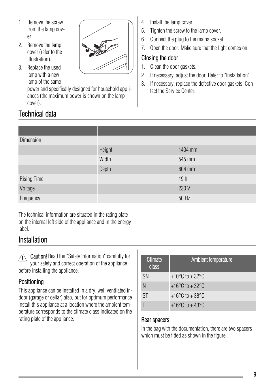 Technical data, Installation | Zanussi ZRT623W User Manual | Page 9 / 16