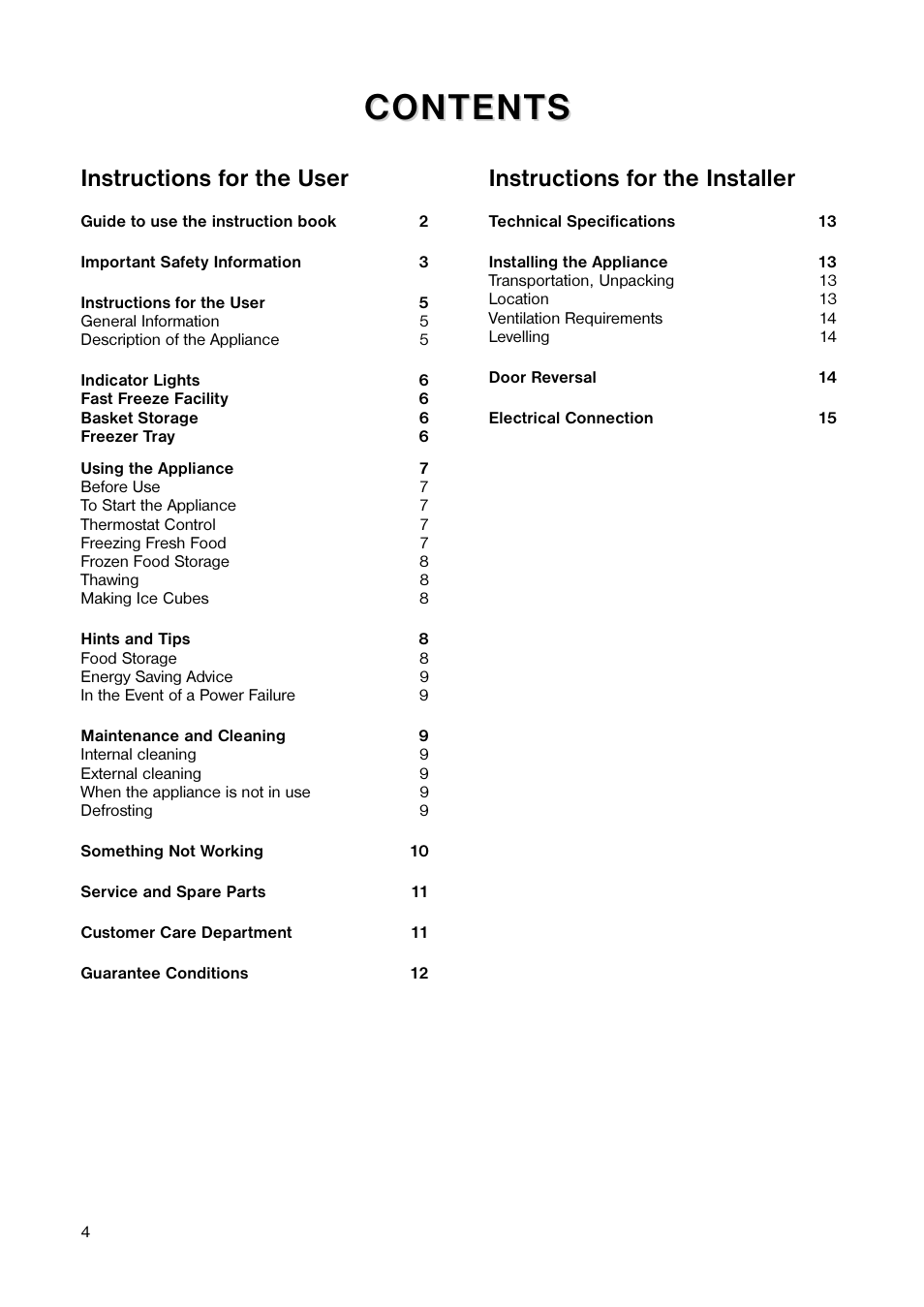 Content, Content s s, Instructions for the user | Instructions for the installer | Zanussi ZCUF 41 User Manual | Page 4 / 16