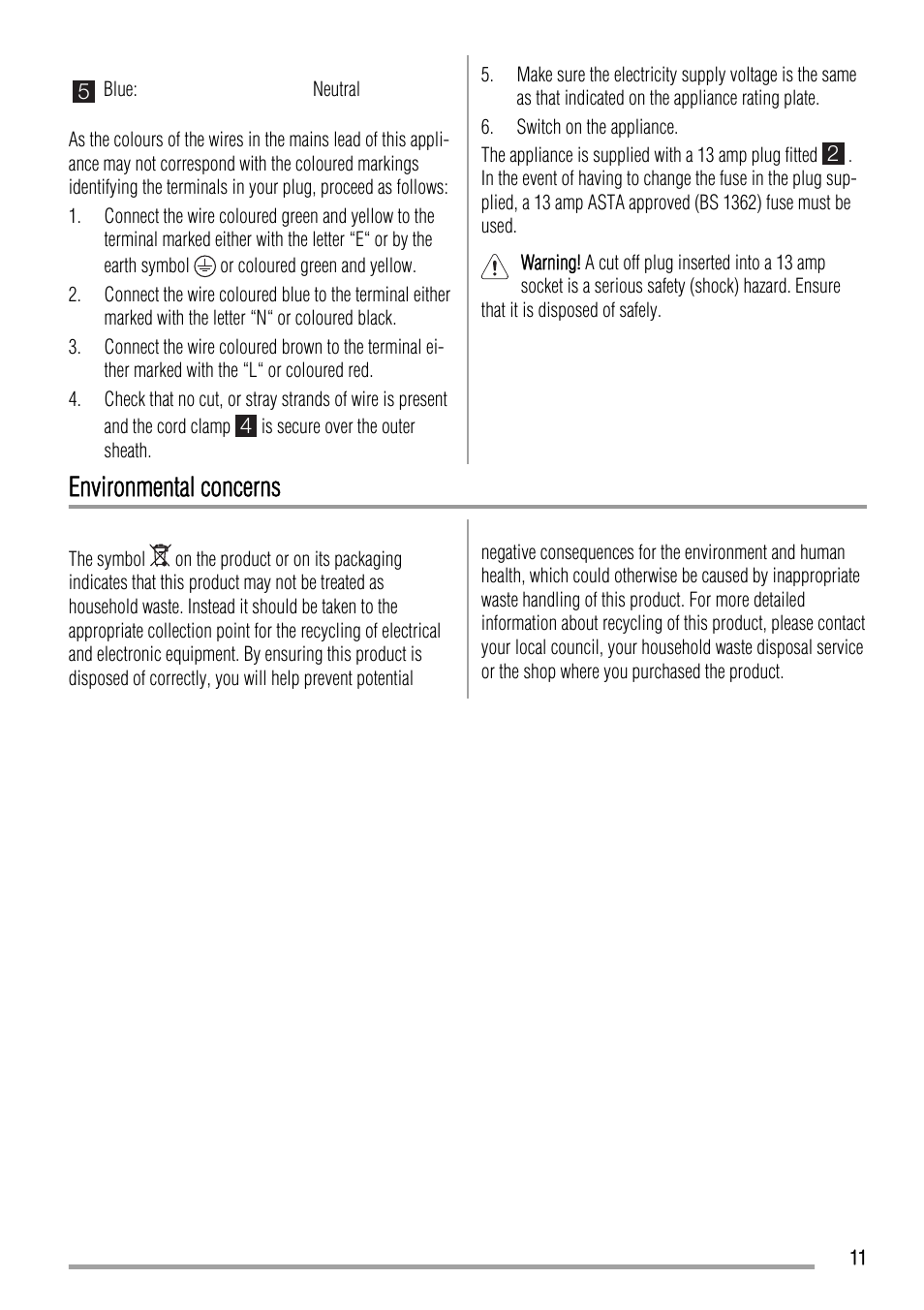 Environmental concerns | Zanussi ZFX305W User Manual | Page 11 / 12