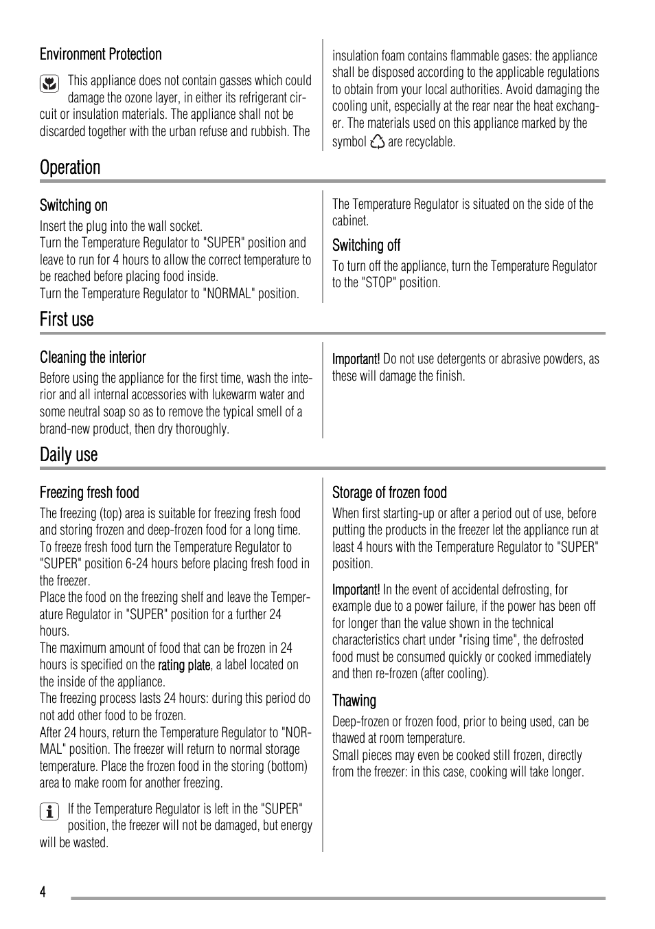 Operation, First use, Daily use | Zanussi ZFX305W User Manual | Page 4 / 12