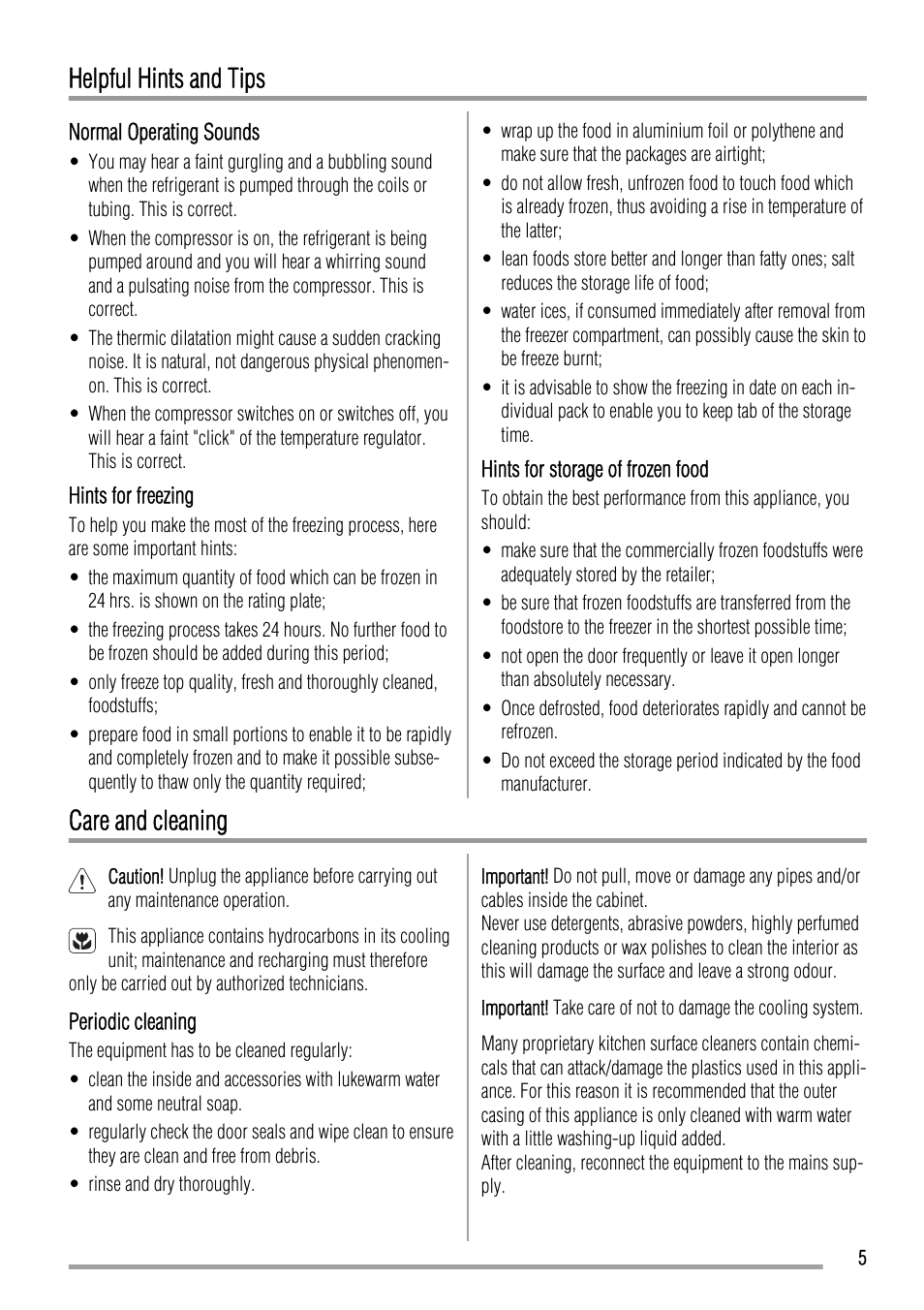 Helpful hints and tips, Care and cleaning | Zanussi ZFX305W User Manual | Page 5 / 12