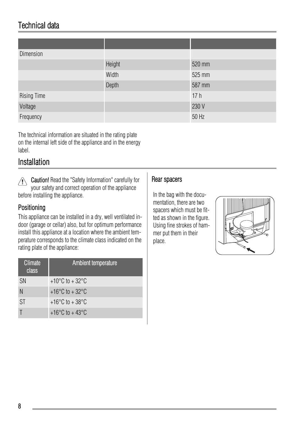 Technical data, Installation | Zanussi ZFX305W User Manual | Page 8 / 12