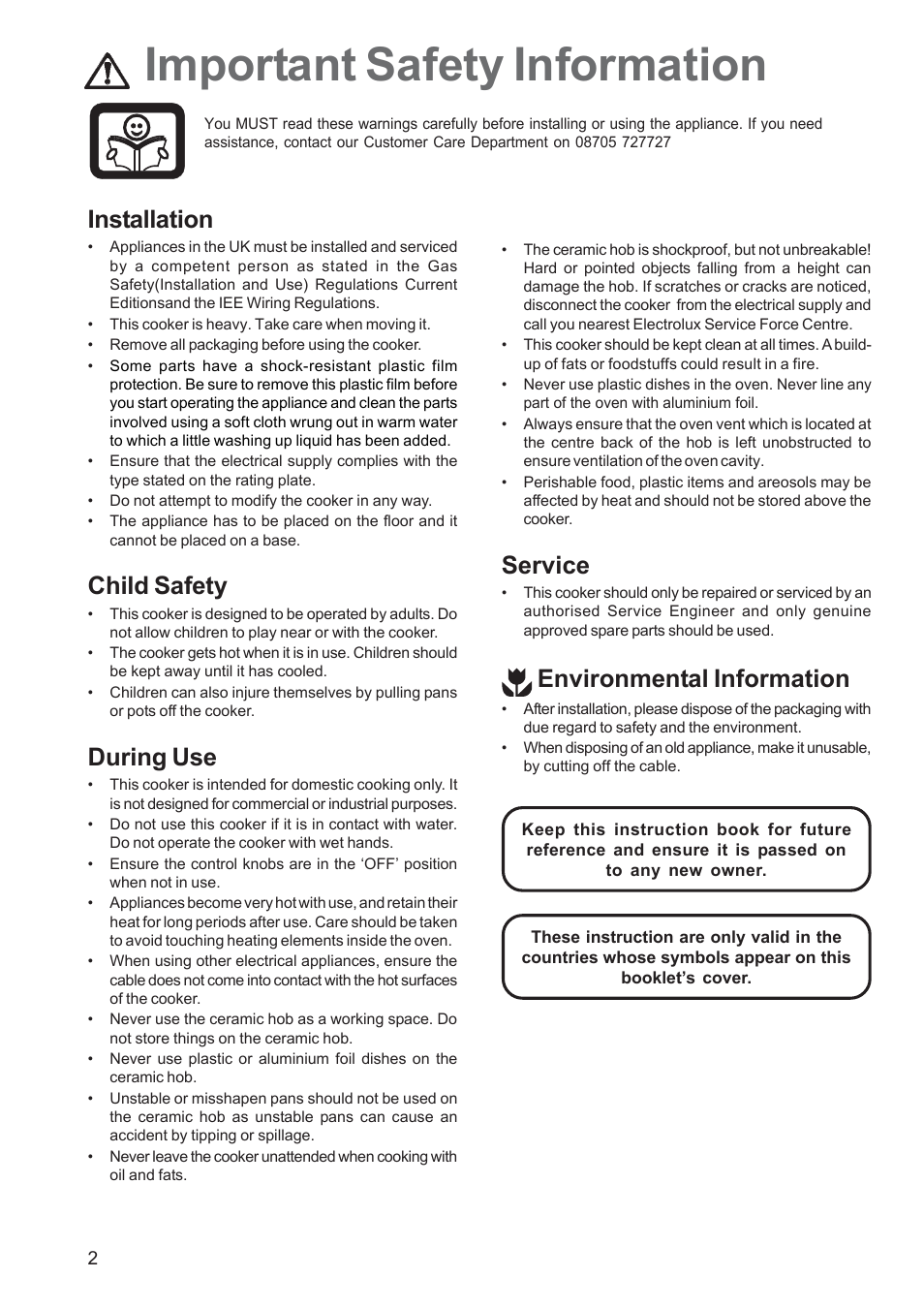 Important safety information, Installation, Child safety | During use, Service, Environmental information | Zanussi ZCE 650 User Manual | Page 2 / 32