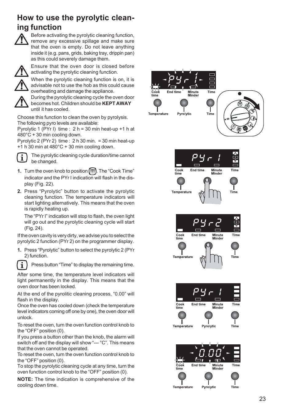 How to use the pyrolytic clean- ing function | Zanussi ZCE 650 User Manual | Page 23 / 32