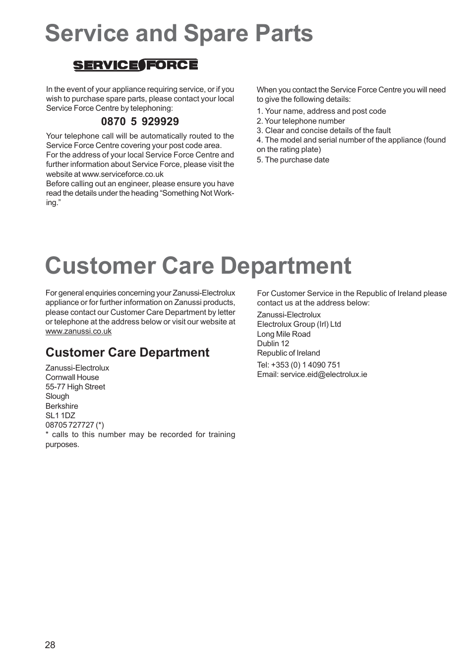 Service and spare parts, Customer care department | Zanussi ZCE 650 User Manual | Page 28 / 32